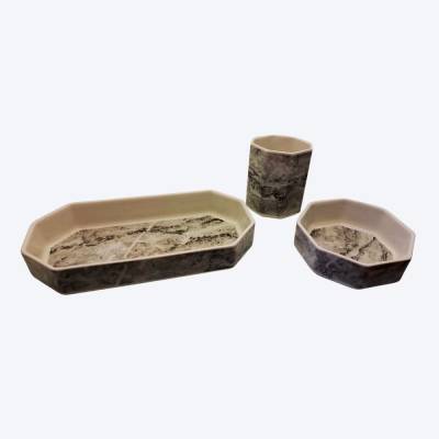 Vintage 3-teiliges Schreibtischset Villeroy & Boch „Depuis 1748“ Grau Sechseck Design