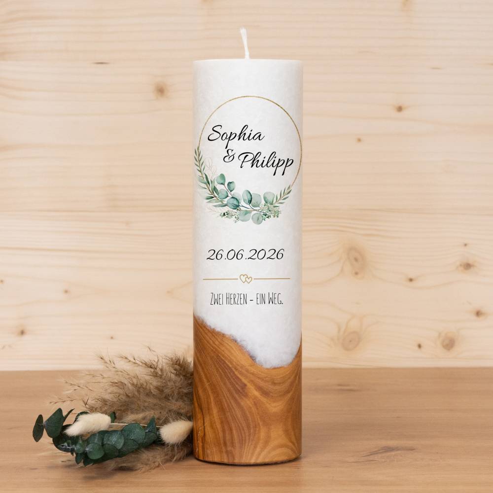 Hochzeitskerze mit Holz - Blätterkranz - individuelle Fertigung - Für die Hochzeit - Geschenk zur Hochzeit