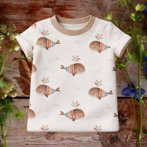 Baby T-Shirt Regenbogen-Wal Rippjersey | Handmade Kinder Shirt mit weichen Halsbündchen | Sommer Shirt Baby | Geschenk z