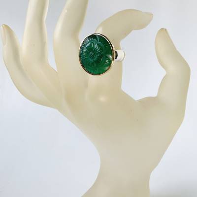 Handgemachter  Ring in 925/000 & 750/000 Achat Blume Grün