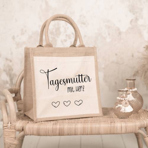Tragetasche I Shopper "Tagesmutter mit Herz" I Jutetasche I Einkaufstasche I Abschiedsgeschenk, Kindergarten, Geschenk