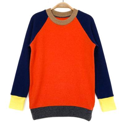 Kaschmirpullover 164 orange dunkelblau / Upcycling Kinderpullover / Colorblockpullover