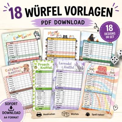 Würfel Vorlagen Set – 18 kreative Kniffel Varianten zum Ausdrucken (PDF Download)