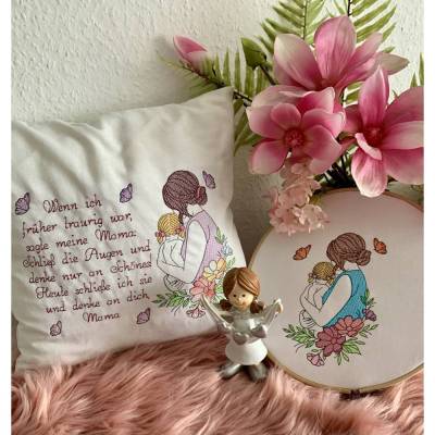Stickdatei  Mama mit Kind, Muttertag, Geburt, Geburtstag mit Blumen, Lineart, Outline, Redwork , Familie,