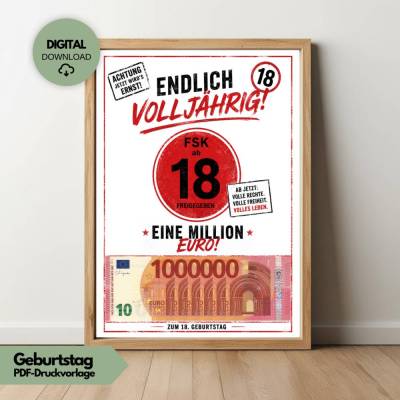 Geldgeschenk zum 18. Geburtstag, Deine erste Million Gutschein, Endlich volljährig Geld verschenken digital DIY Print