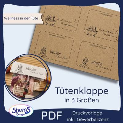 Tütenklappe "Wellness in der Tüte" - Druckvorlage für Tütenverschlüsse inkl. Gewerbelizenz