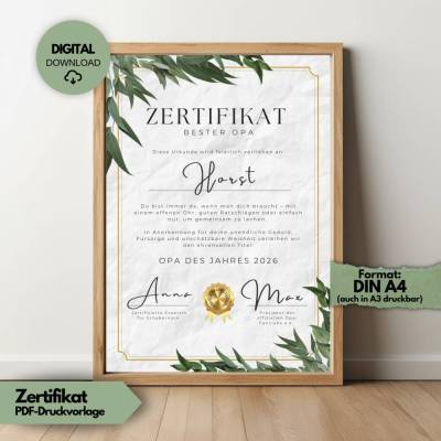 Zertifikat Bester Opa - Opa des Jahres, lustige Urkunde, Geschenkidee für Opa zum Ausdrucken, Geschenk zum Vatertag