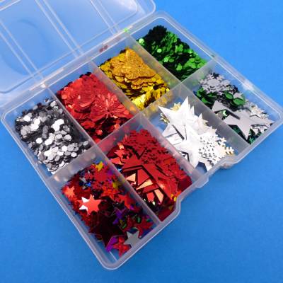 Stanzteile, Streudeko, bunter Mix, Sterne, Monde, Schneeflocken, in Sortierbox, Bastelsortiment Weihnachten