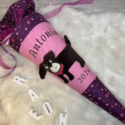 Schultüte, Zuckertüte, gestickt, Hund mit Ohren, Einschulung, personalisierbar, Mädchen, als Kissen