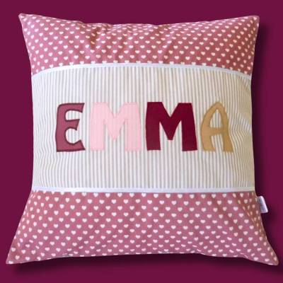 Kuschelkissen 40x40 cm – personalisierter Bezug mit Namen und Herzmuster Mädchen Dekokissen Altrosa perfektes Geschenk