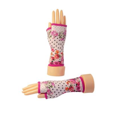 fingerlose Handschuhe gefüttert mit Polkadots & Rosen in pink-schwarz | Rockabilly pin-up