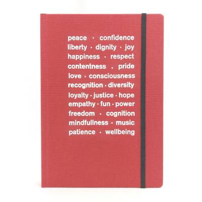 Notizbuch, punktkariert, hell-rot, peace, freedom, power, respect, hope, DIN a5, Best Wishes, Prägung weiß
