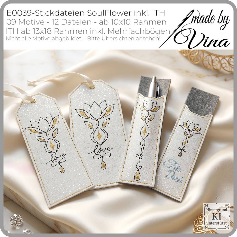 Stickdateien SoulFlower inkl. ITH – 9 Motive ab 10x10 cm, 12 Dateien, Lotus, ITH-Lesezeichen & Stifthülle Bild 2