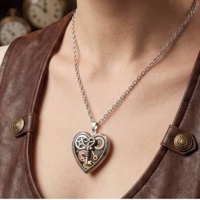 Steampunk Medaillonkette aus Edelstahl – Einzigartige Kette mit Herz & Zahnrädern