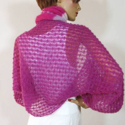 Ärmel-Bolero Shrug Bolero aus Alpaka-Mohair-Mix, Schulterwärmer mit Spitzenmuster, festliches Jäckchen Hochzeit