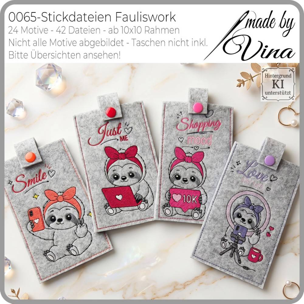 Stickdateien Fauliswork: 24 süße Kawaii-Faultiere ab 10x10cm – Kawaii Stickmotive & ITH Anhänger – made by Vina Bild 2