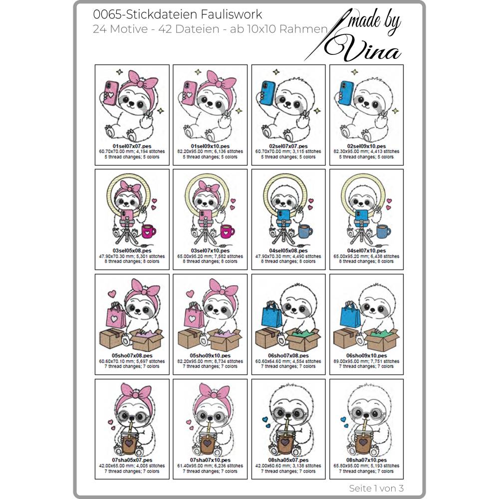 Stickdateien Fauliswork: 24 süße Kawaii-Faultiere ab 10x10cm – Kawaii Stickmotive & ITH Anhänger – made by Vina Bild 3