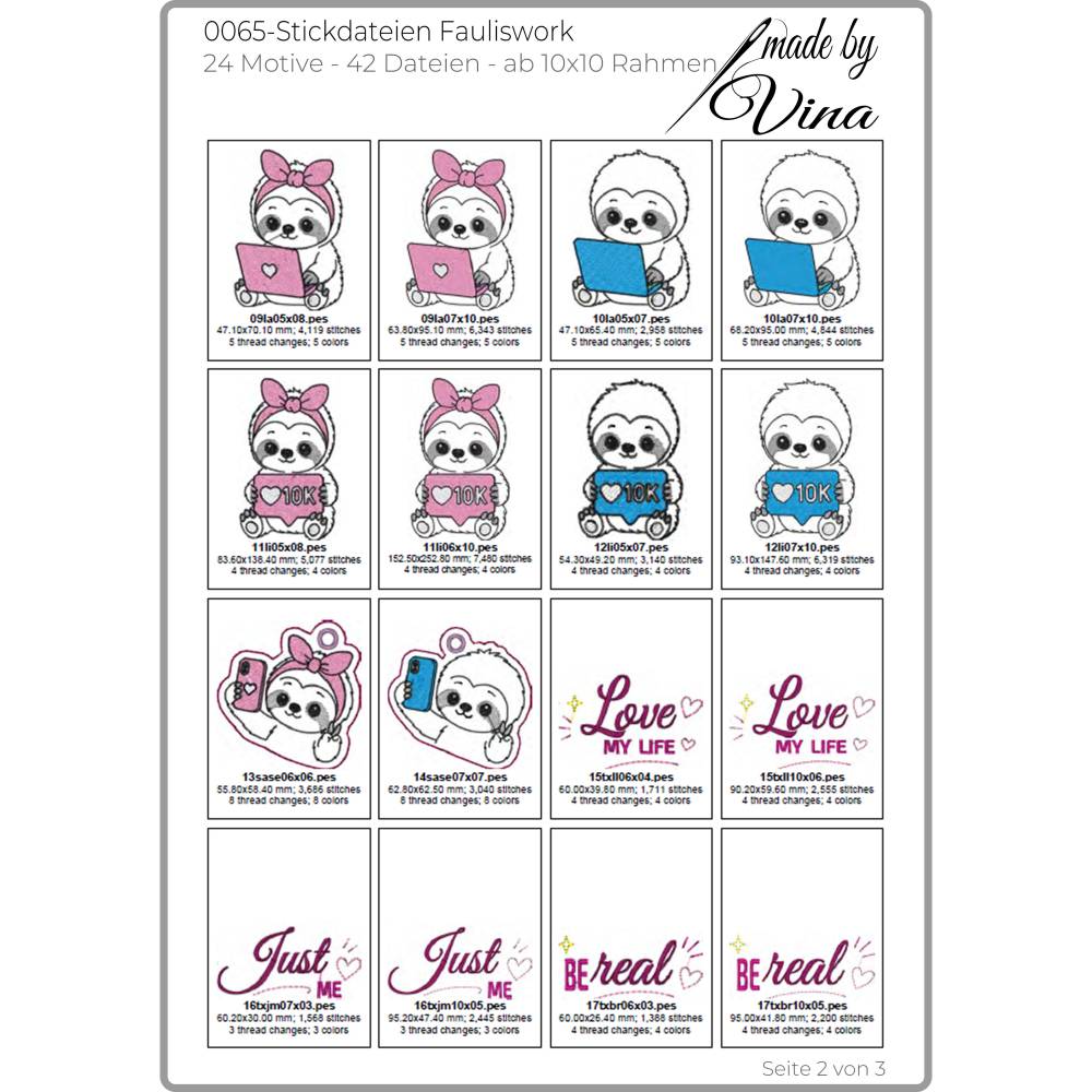 Stickdateien Fauliswork: 24 süße Kawaii-Faultiere ab 10x10cm – Kawaii Stickmotive & ITH Anhänger – made by Vina Bild 4