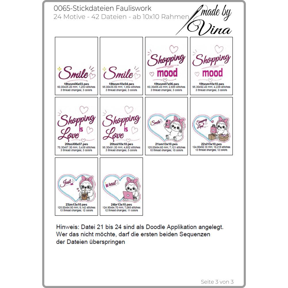 Stickdateien Fauliswork: 24 süße Kawaii-Faultiere ab 10x10cm – Kawaii Stickmotive & ITH Anhänger – made by Vina Bild 5