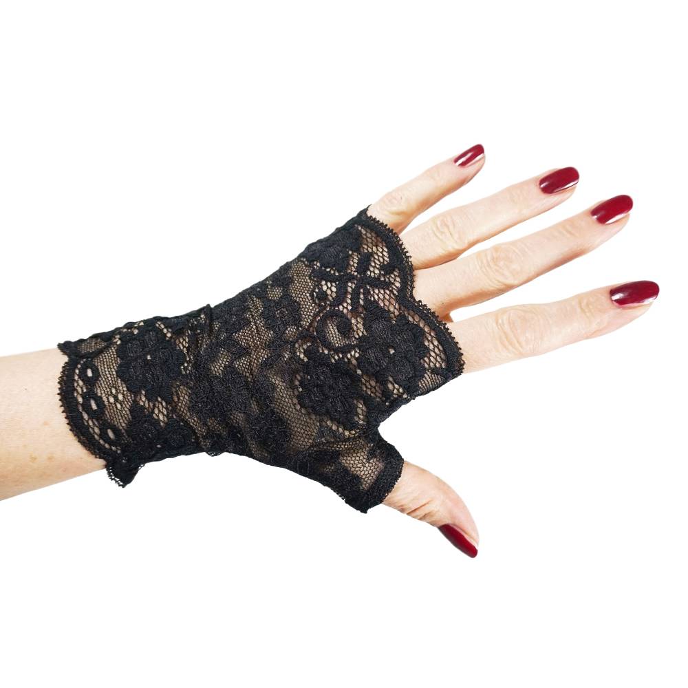 schwarze Damen Handschuhe fingerlos aus Blumen Spitze | gothic bijoux  lolita | handgefertigt