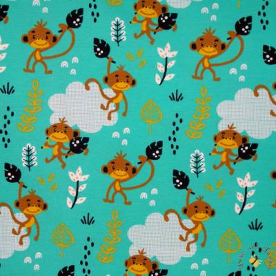 11,90 EUR/m Meterware hochwertiger Baumwoll-Jersey mint-grün Monkey Around Affen für Kinderkleidung