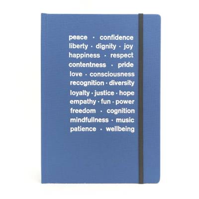 Notizbuch, punktkariert, DIN A5, hell-blau, Best Wishes, Prägung weiß, mindfulness, joy, diversity