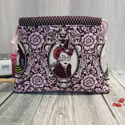 Strickbeutel, Projektbeutel, Kinchaku Beutel, Handarbeitstasche, Wollbeutel braun rosa bunt