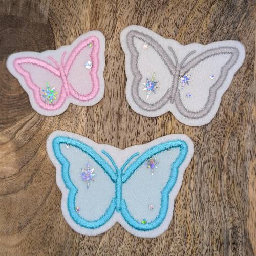 Patch/Applikation/Aufnäher/Bügelbild - Schmetterling, Frühling - rosa, weiß, türkis - Glitzer