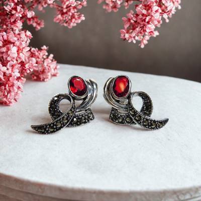 Jugendstil Ohrringe 925 Silber mit Granat & Markasit – Elegante Ohrstecker im Art Nouveau Design