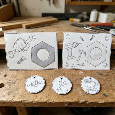 Stickdatei Werkzeug Mug Rug Schlüsselanhänger  Set 2680 Vatertag