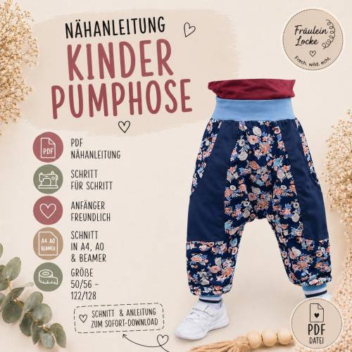 Schnittmuster Kinder Pumphose 50–128 | Haremeshose nähen | PDF Nähanleitung | Anfänger