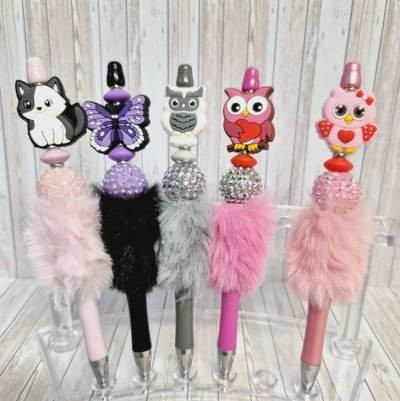 Kugelschreiber mit Perlen und Plüsch Silikonfigur Tiere Silikonperlen Geschenkidee
