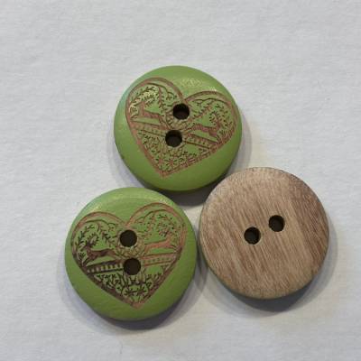Knopf aus Holz mit Herz, grün, Union Knopf, 23mm, 2-Loch-Knopf, Trachten