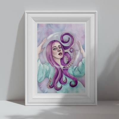 Kunstdruck Poster Illustration Aquarell handgemalt „Girl with the Octopushair“ | DIN A4
