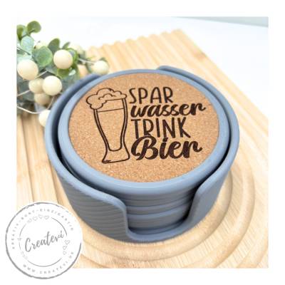 Bier Untersetzer Set mit Halter, 6 Getränkeuntersetzer aus 3D Druck PLA & Kork, Biersprüche, Geschenk für Männer