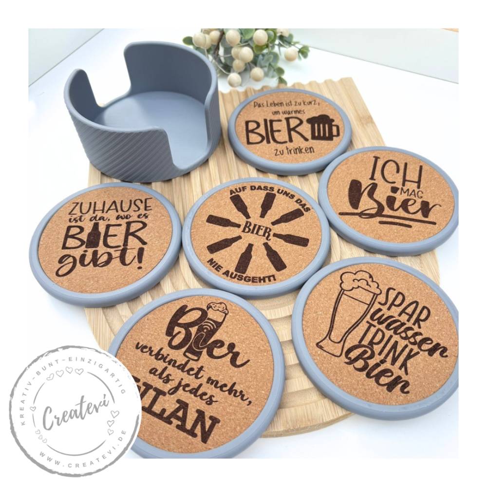Bier Untersetzer Set mit Halter, 6 Getränkeuntersetzer aus 3D Druck PLA & Kork, Biersprüche, Geschenk für Männer