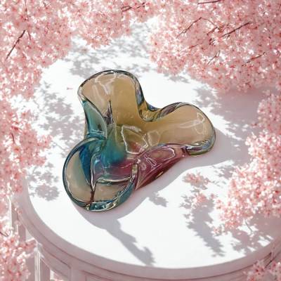 Vintage Sanyu Japan Zipfelschale – Mid Century Glas, Pink Blau Amber, 1139g