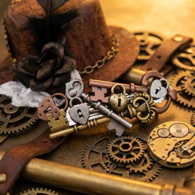 Verzierte Haarspange Steampunk Vintage – Mehrfarbig, Schlüssel & Schlösser, ca. 9 cm