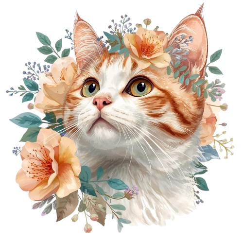 Katze mit Blumen PNG – Aquarell Katzenportrait Clipart, Orange Tabby Cat Floral Design, Sublimation Shirt