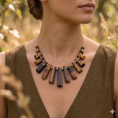 Statementkette aus Tigerauge und Edelstahl – Einzigartiges Collier, handgefertigt, verstellbar