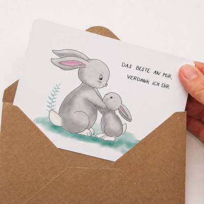 Muttertagskarte Hase | Karte zum Vatertag | Das Beste an Mir verdank ich dir | Gedruckte Postkarte für Mama | Papa Gruß