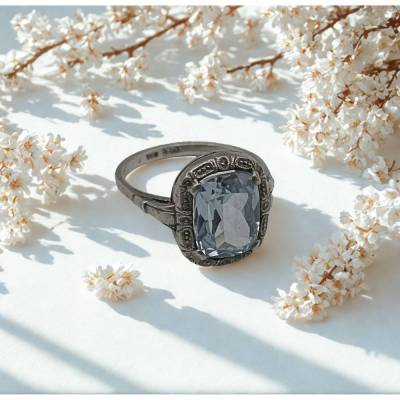 Art Déco Ring mit Blautopas – Handgefertigt aus 835 Silber, Vintage Schmuck aus Pforzheim, Größe 60