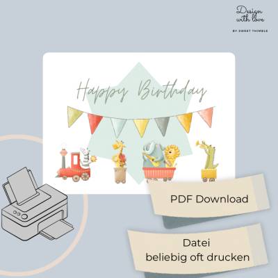 Tier-Express Geburtstagskarte | Druckbare DIY-Karte für Kinder mit süßem Zug-Motiv
