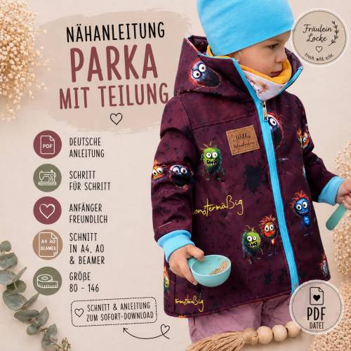 Schnittmuster Kinder Parka 80–146 | Nähanleitung PDF | Kapuze, Taschen, Knopfleiste | A4, A0 & Beamer | Kinderjacke nähe
