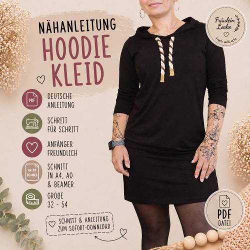 SCHNITTMUSTER Oversized Kleid – Groessen 32 bis 46 – Hoodie Kleid oder Rundhals oder One Shoulder – Einfaches Naehprojek