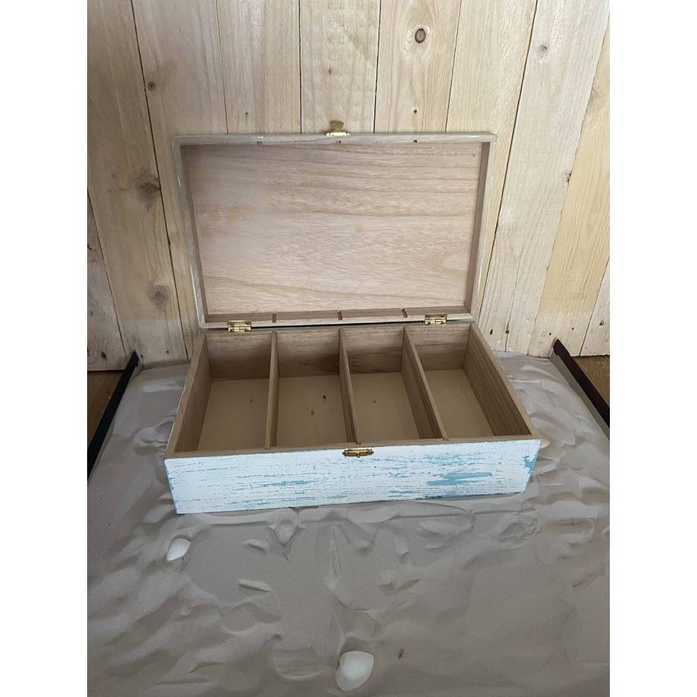 Teebox Holzkästchen Vintage Design – Weiß-blaue Holzbox mit Scharnieren zur Aufbewahrung