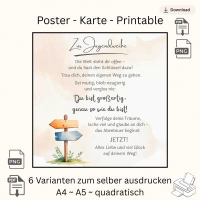 Printable Jugendweihe: Wegweiser Motiv für Karten & Rahmen – Digitale Datei (A4, A5, Quadratisch) – Sofort-Download