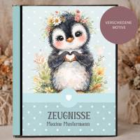 Süße Zeugnismappe für Mädchen | Personalisiert | Pinguin - Motive | Einschulung & Schulanfang Geschenk | 26-15
