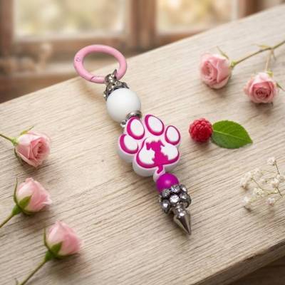 Schlüsselanhänger Hund Pfote rosa personalisierbar Silikon Strass 