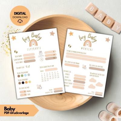Set Baby Shower Tippkarten + Wunschkarten Vorlage PDF Ratespiel zum Ausdrucken, Baby Party Spiel Printable Gender Reveal